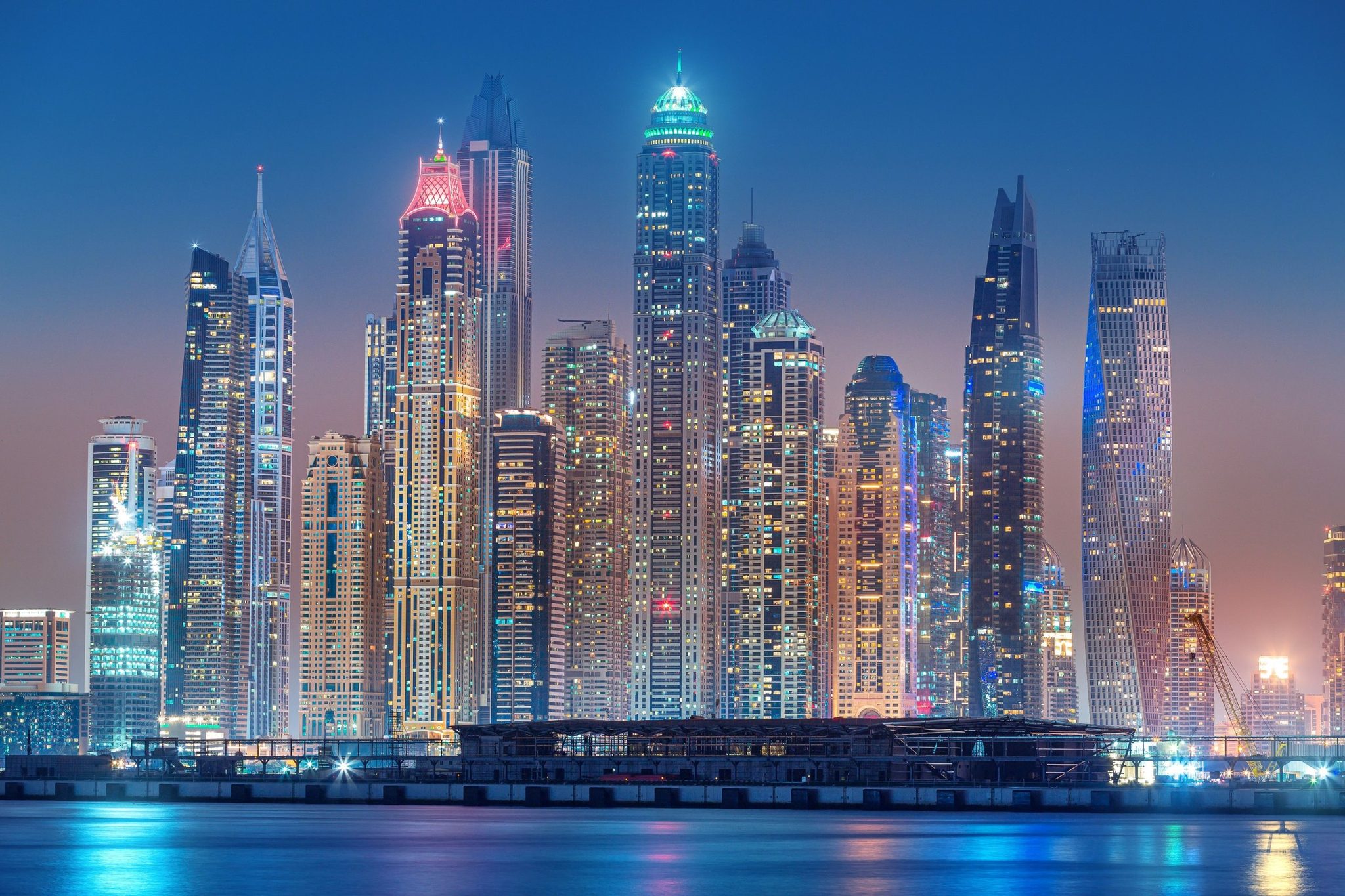 Dubai Marina lit up at night