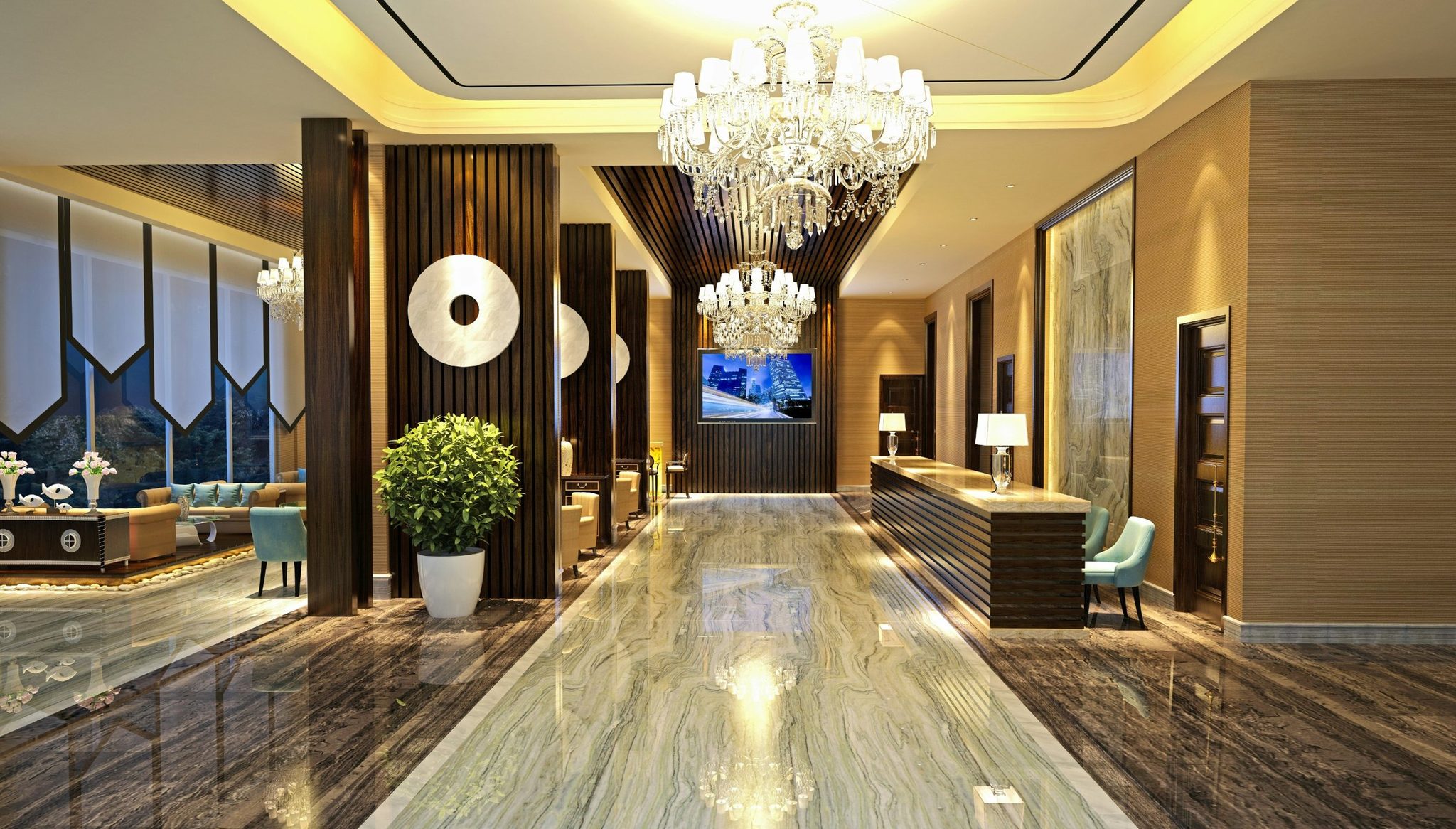A hotel lobby with a chandelier
