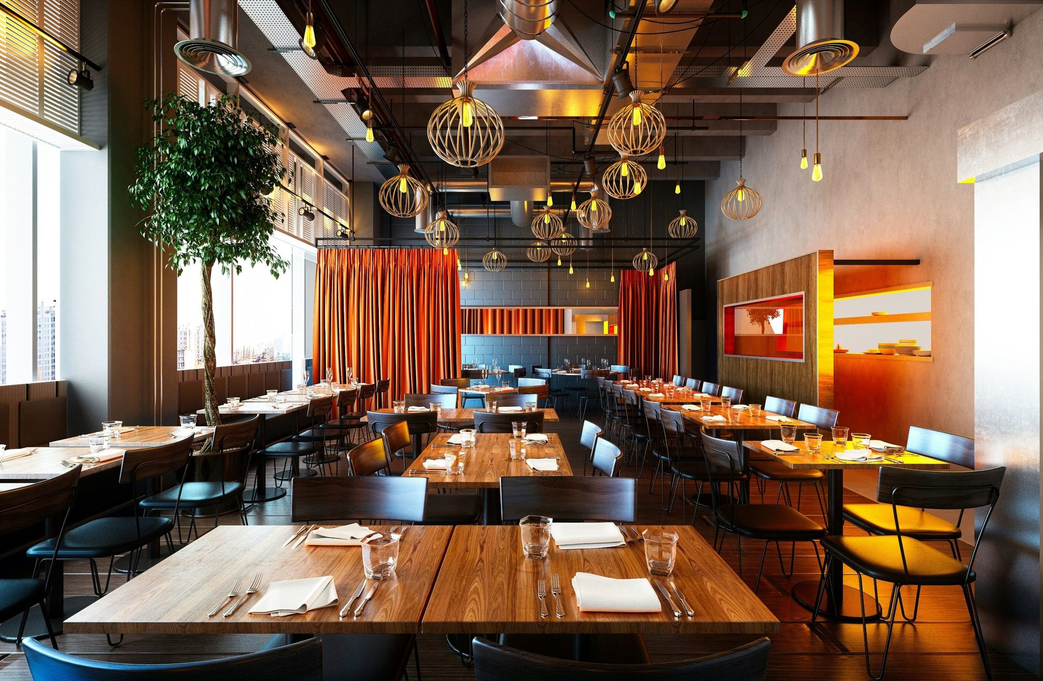 A restaurant in warm evening light